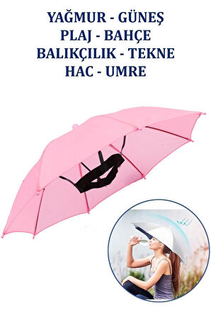 Kafaya Takılan Şapka Şemsiye Gölgelik Plaj Yazlık Kafa Şemsiyesi- Pembe 
