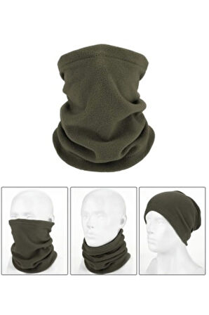 Kışlık Spor Unisex Haki Polar Boyunluk Haki Polar Bere