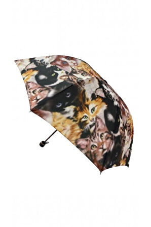 Kedi Desenli 8 Telli Manuel Rüzgara Dayanıklı Şemsiye