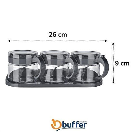 BUFFER® Gri  3lü Standlı Kapaklı Kaşıklı Cam Hava Sızdırmaz Baharatlık Takımı KC-386