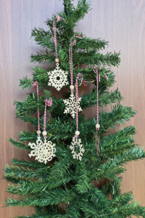 BUFFER® Pilli Peri Ledli 6 Parça Kırmızı Beyaz İpli Kar Tanesi Model Ahşap Yılbaşı Ağaç Süsü