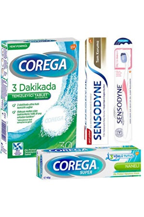 Protez Temizleyici Tablet 30 Naneli Krem Sensodyne Tam Koruma Diş Macunu 50ml Diş Fırça Soft