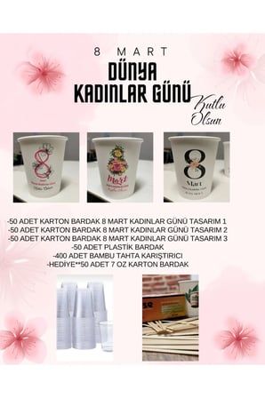 YENİ ÜRÜN **8 Mart Kadınlar Günü Tasarım Sepet 100’er Karton Bardak,Bambu karıştırıcı,Plastik Bardak