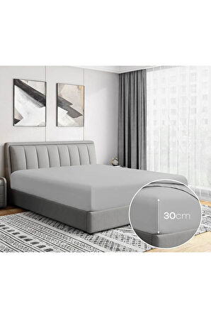 Çift Kişilik Battal Lastikli Çarşaf Seti- Açık Gri (180x200 Cm 30 Cm )