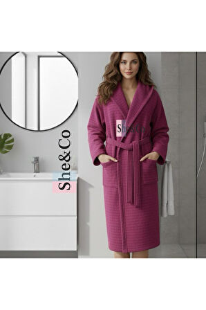 Fuşya Kapüşonlu Fitilli Dokuma Pamuklu Kadın Bornoz - Yumuşak Dokulu