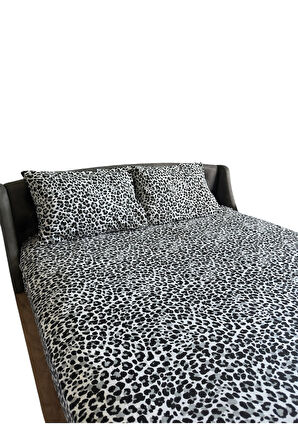 Çift Kişilik Battal Lastikli Çarşaf 2 Adet Yastık Kılıfı Seti- Siyah Leopar(180x200 Cm 30 Cm )