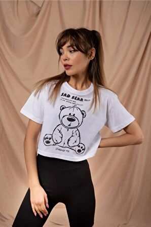 Kadın Basic Sad Bear Bisiklet Yaka Crop Top Tişört Kadın Crop Kadın Tişört