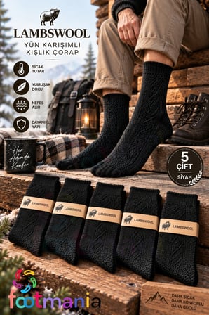 Erkek Siyah Kışlık Lambswool Çorap 5 Çift