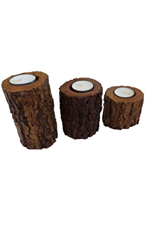Simstyle Kütük Görünümlü 3 Lü Set Mumluk