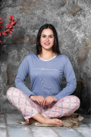 Lukitus Uzun Kol Pijama Takımı Pamuklu Sıfır Yaka