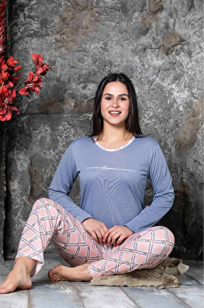 Lukitus Uzun Kol Pijama Takımı Pamuklu Sıfır Yaka