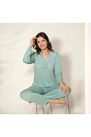 Lukitus Uzun Kollu Bambu Pamuk Kadın Pijama Takımı