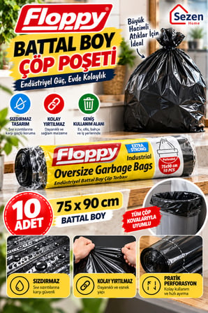 Floppy Battal Boy Çöp Poşeti 75x90 cm 10 Adet Siyah Dayanıklı Endüstriyel Çöp Torbası