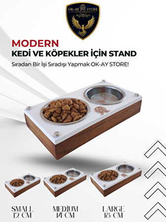  Paslanmaz Çelik Kaseli Kedi Köpek Mama ve Su Kabı Standı – Ahşap Gövde, Kaymaz Tabanlı (Medium)