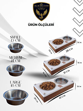 Paslanmaz Çelik Kaseli Kedi Köpek Mama ve Su Kabı Standı – Ahşap Gövde, Kaymaz Tabanlı (Medium)