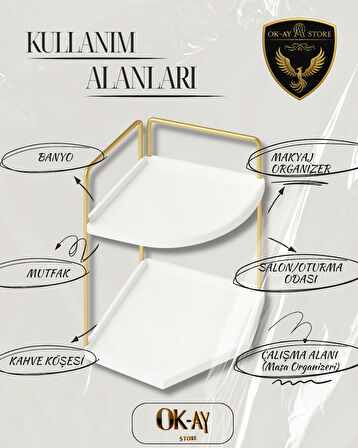 Dekoratif 2 Katlı Raf | Çok Amaçlı Organizer Paslanmaz Çelik & Ahşap Stand – Salon, Mutfak, Banyo, Çalışma Alanı İçin