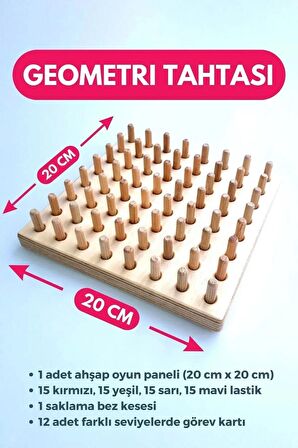 Ahşap Eğitici ve Öğretici Geometri Tahtası - Tak Çıkar Lastik Geçirme Oyunu