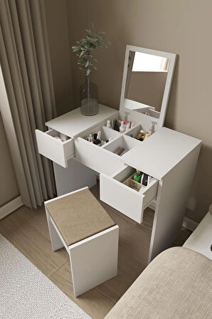 DF02101B Çekmeceli Aynalı Tabureli Puflu Makyaj Masası