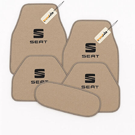 Bej Renk SEAT Logolu Halı Oto Paspas Seti 5 Parça – Dayanıklı Malzeme, Su Geçirmez, Kaymaz Taban, Tüm Mevsimlere Uygun