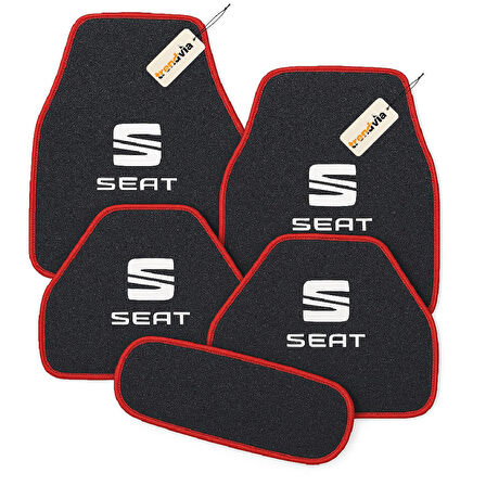 Antrasit Kırmızı Renk SEAT Logolu Halı Oto Paspas Seti 5 Parça – Dayanıklı Malzeme, Su Geçirmez, Kaymaz Taban, Tüm Mevsimlere Uygun