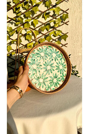 Sedefli Rattan Yeşil Yuvarlak Tepsi Büyük Boy