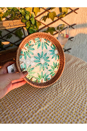 Sedefli Rattan Yeşil Yuvarlak Tepsi Büyük Boy