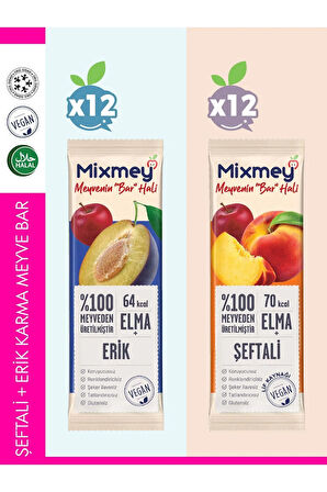 Şeftali + Erik Karma Meyve Bar | Vegan, Doğal ve Glutensiz Sağlıklı Atıştırmalık 20g x 24 Adet