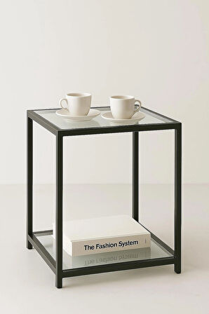 Trendmiz Modern Loft Tarz 2 Katlı Cam Sehpa – Siyah Metal Gövdeli Yan Sehpa