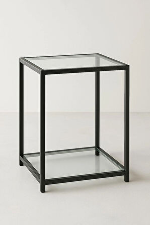 Trendmiz Modern Loft Tarz 2 Katlı Cam Sehpa – Siyah Metal Gövdeli Yan Sehpa