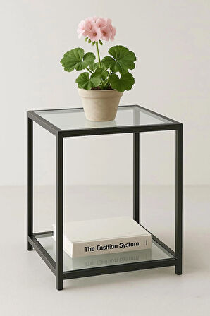 Trendmiz Modern Loft Tarz 2 Katlı Cam Sehpa – Siyah Metal Gövdeli Yan Sehpa