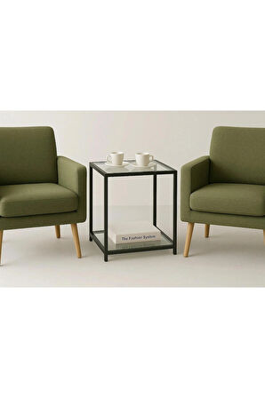 Trendmiz Modern Loft Tarz 2 Katlı Cam Sehpa – Siyah Metal Gövdeli Yan Sehpa