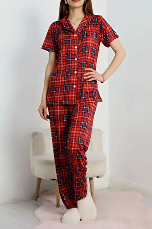 SeKa Baskılı Düğmeli Pijama Takım Kırmızıekose - 50776.1773.