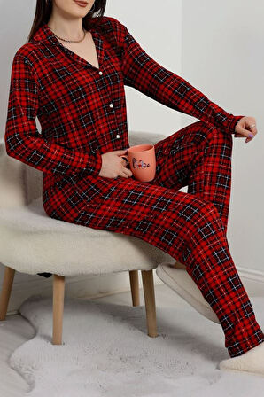 SeKa Milan Düğmeli Pijama Takımı Kırmızıekose - 50750.1048.