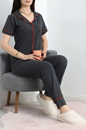 SeKa Düğmeli Süprem Pijama Takımı Koyuantrasit - 41820.1048.