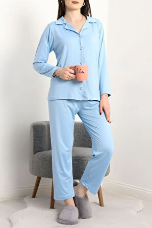 SeKa Milan Düğmeli Pijama Takımı Mavi - 50728.1929.