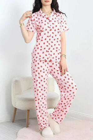SeKa Milan Kumaş Düğmeli Pijama Takımı Pembedudak1 - 750.1287.