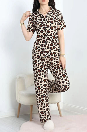 SeKa Milan Kumaş Düğmeli Pijama Takımı Leopar1 - 750.1287.