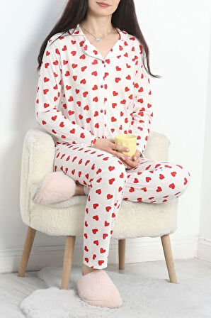 SeKa Bamboo Kumaş Düğmeli Pijama Takımı Beyazkırmızı - 50521.1952.