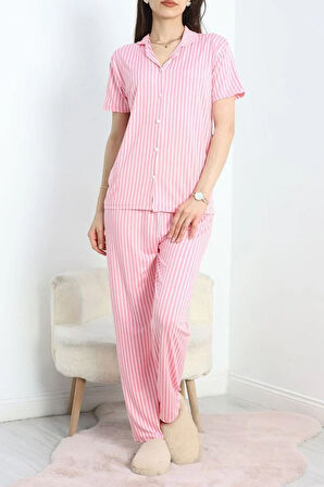 SeKa Milan Kumaş Düğmeli Pijama Takımı Pembeçizgili - 70455.1048.