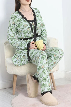 SeKa Viskon 3'Lü Set Pijama Takımı Yeşilsiyah - 70099.1050.