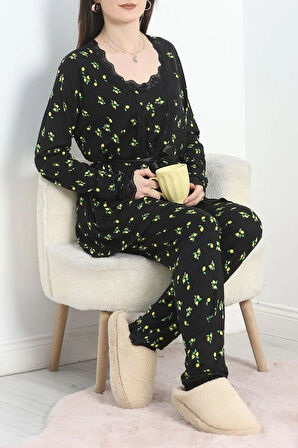 SeKa Viskon 3'Lü Set Pijama Takımı Siyahsarı - 70099.1050.