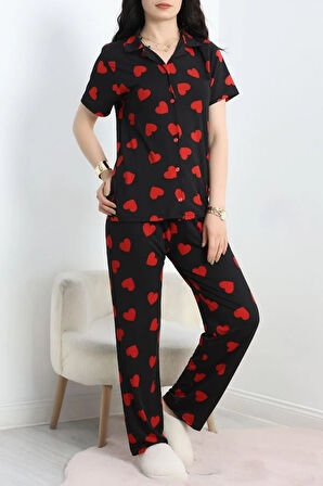 SeKa Milan Kumaş Düğmeli Pijama Takımı Siyahkırmızı1 - 750.1287.