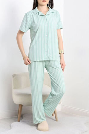 SeKa Milan Kumaş Düğmeli Pijama Takımı Yeşilçizgili - 750.1287.