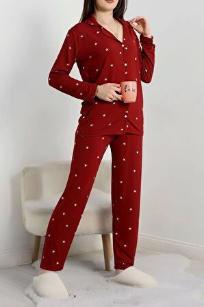 SeKa Milan Düğmeli Pijama Takımı Bordoyıldızlı - 50750.1048.