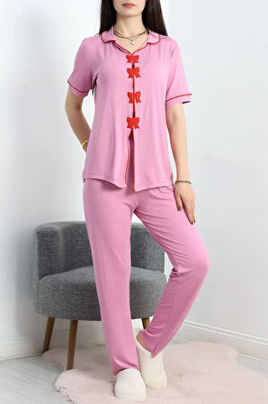 SeKa Fiyonk Nakışlı Biyeli Viskon Pijama Takımı	 Pembe - 40565.1857.