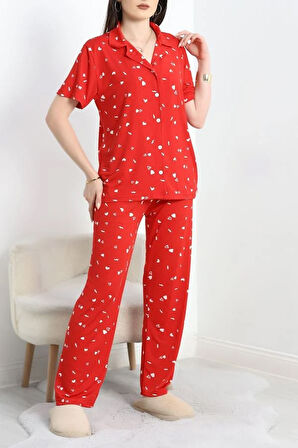 SeKa Milan Kumaş Düğmeli Pijama Takımı Kırmızıkalp - 750.1287.