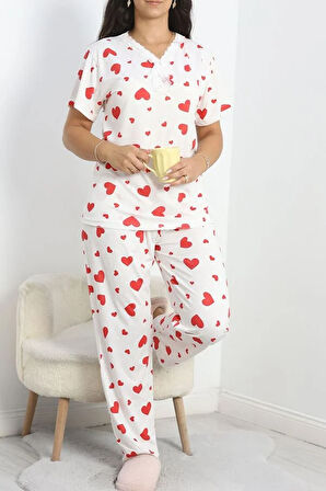 SeKa Yaka Dantelli Büyük Beden Pijama Takımı Beyazkırmızı - 50386.1050.