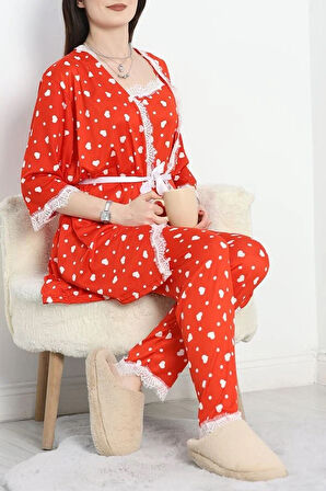 SeKa Milan Kumaş Üçlü Pijama Takımı Kırmızıkalp - 50147.1857.