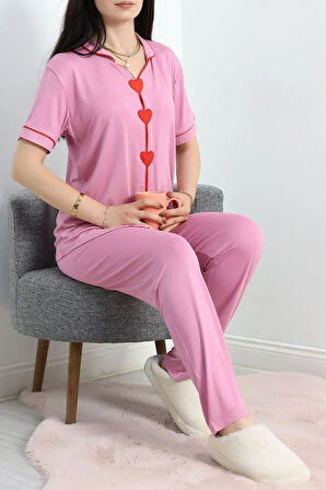 SeKa Kalp Nakışlı Biyeli Viskon Pijama Takım Pembe - 40564.1857.
