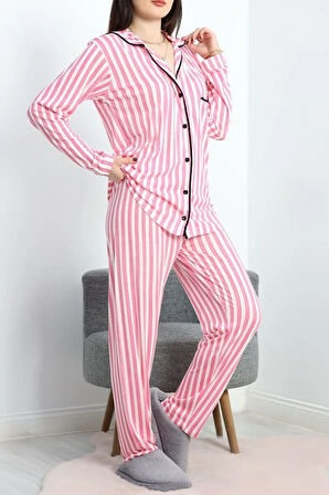 SeKa Viskon Düğmeli Pijama Takımı Pembe - 50729.1950.